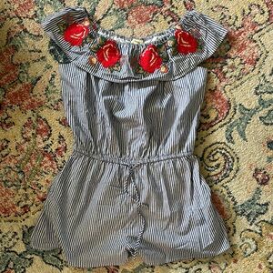 Boutique Striped Off-Shoulder Romper with beautiful ❤️Floral Embroidery
